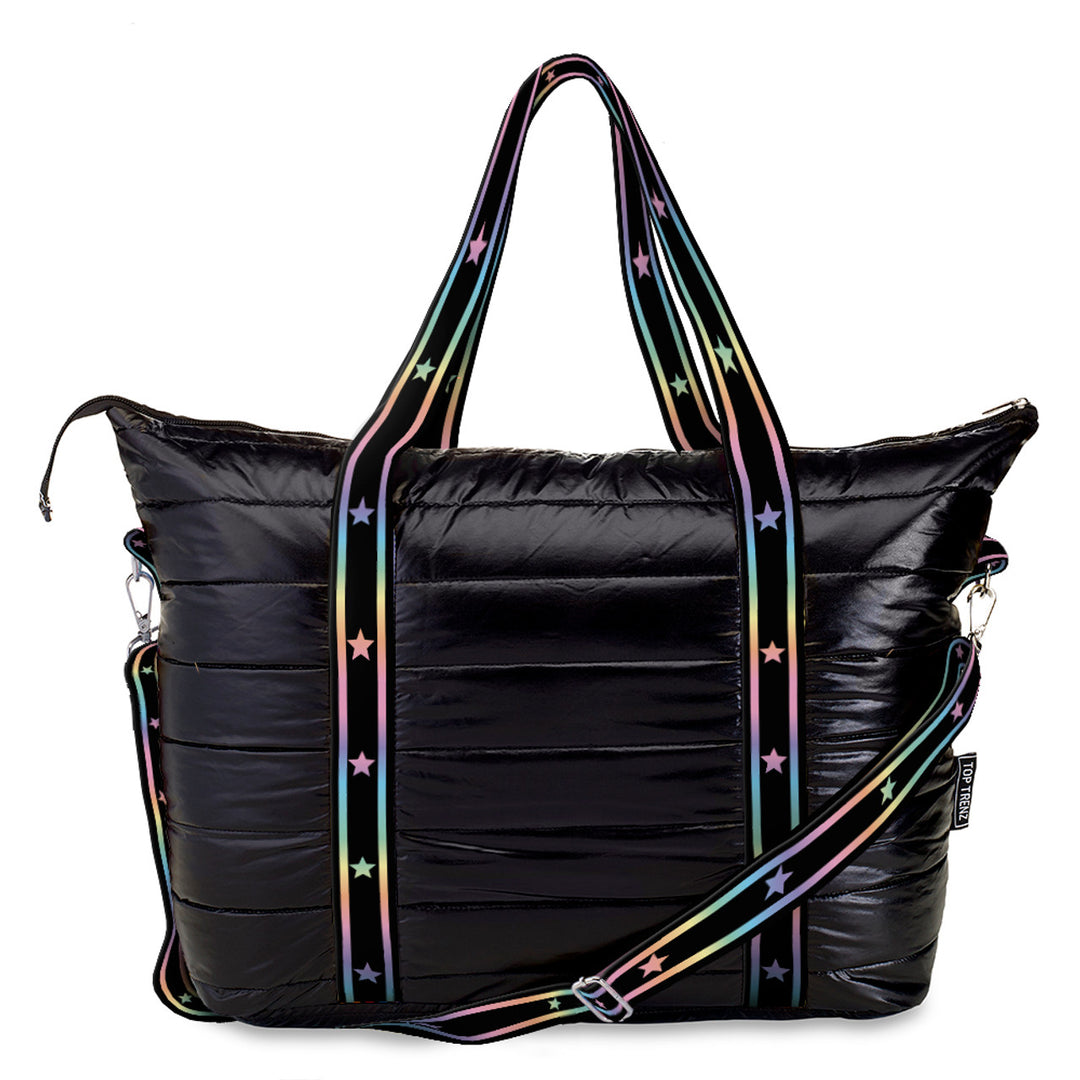 Top Trenz Black Puffer Tote Bag with Gradient Star Straps