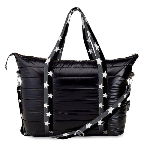 Top Trenz Black Puffer Tote Bag Grey Black Split Star Straps