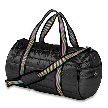 Top Trenz Black Puffer Duffel Bag with Rainbow Track Straps